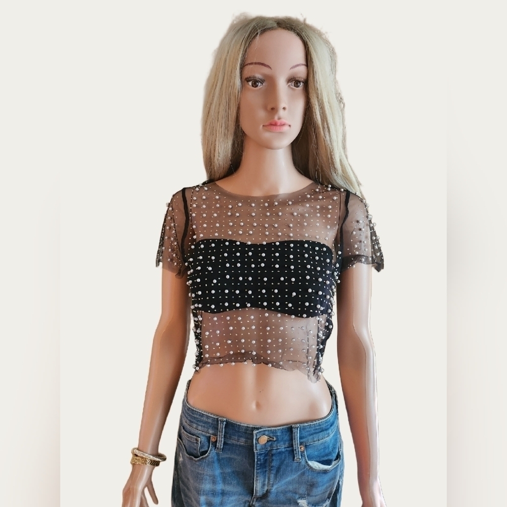 COQUETTE Sheer Black Sheer Top with Embellishments